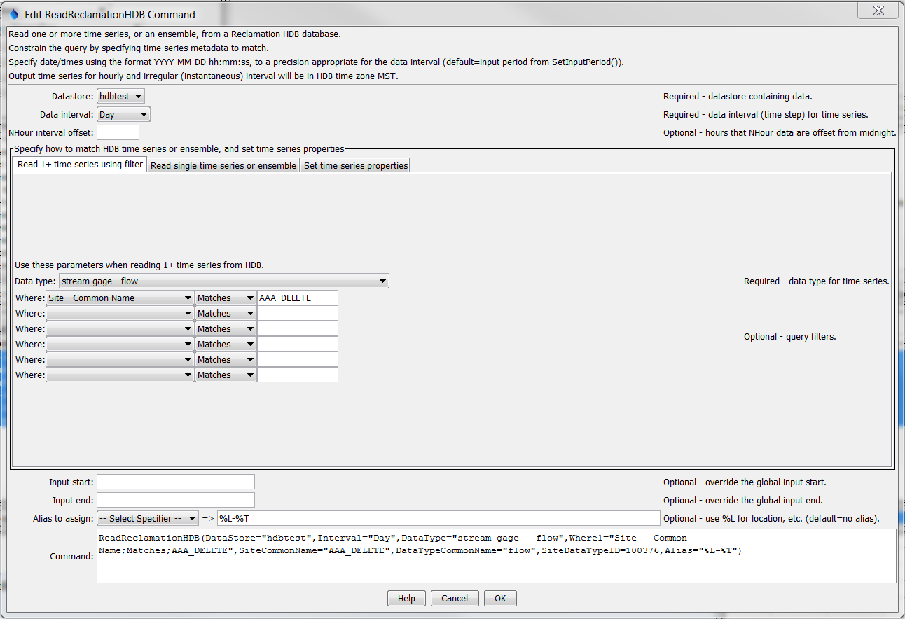 ReadReclamationHDB command editor when using filters to read multiple time series
