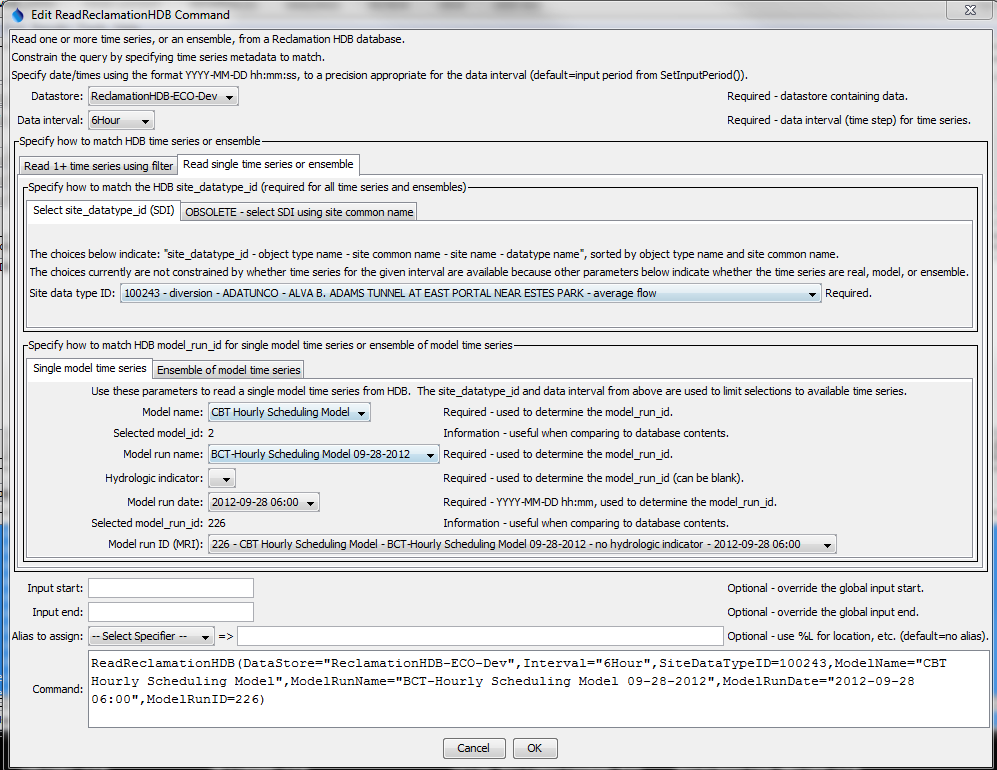 ReadReclamationHDB_Model command editor for single model time series