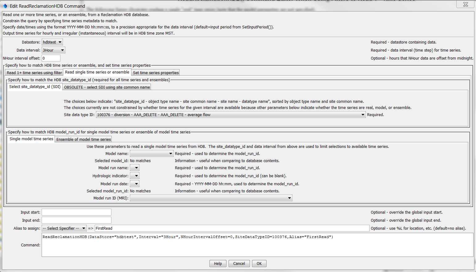 ReadReclamationHDB_Real command editor to read a single real time series